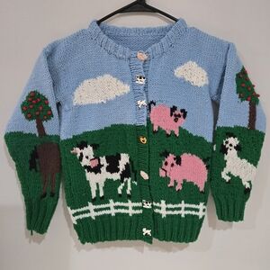 Vintage 80s Kids Hand-knit Sunny Barn Farm Sweater
